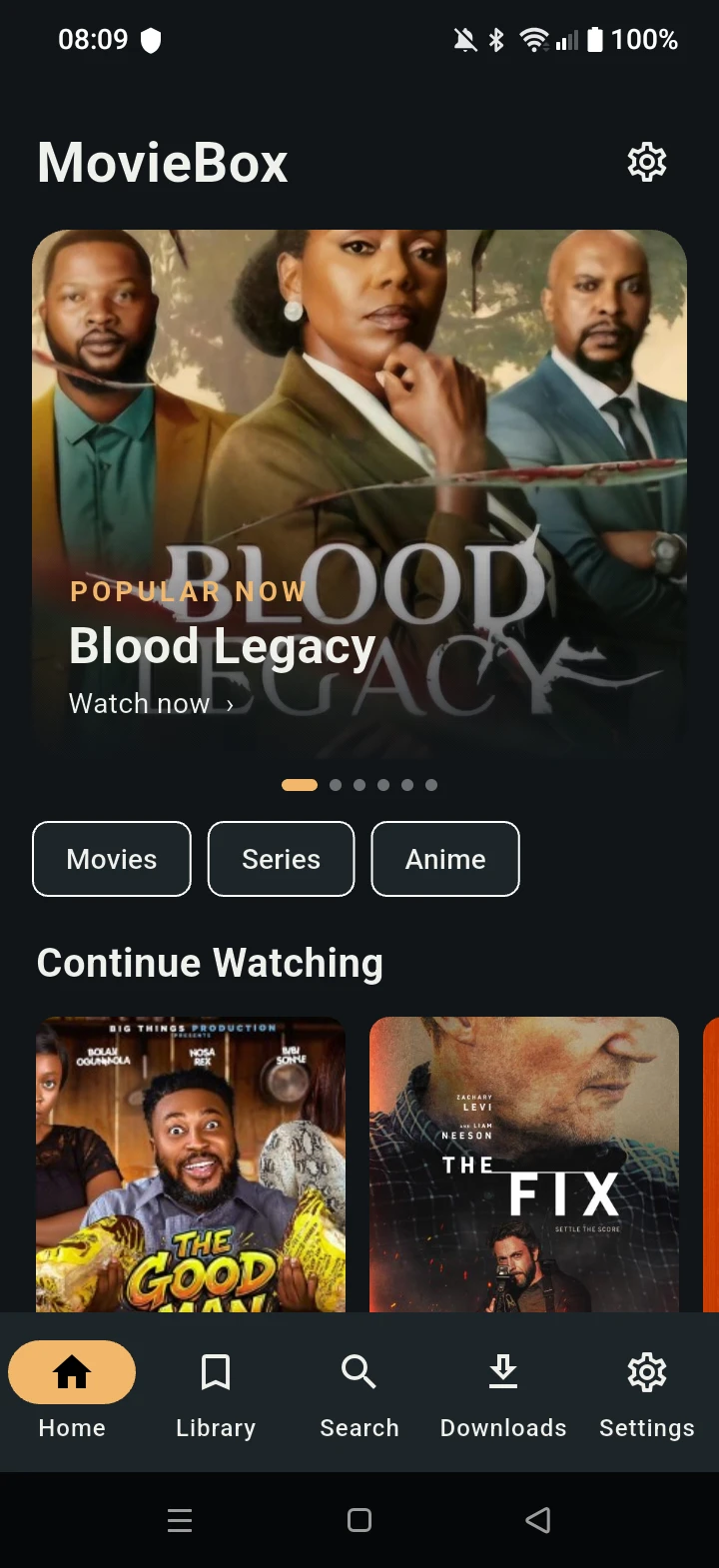 MovieBox Home with movies, series, anime, and Continue Watching.