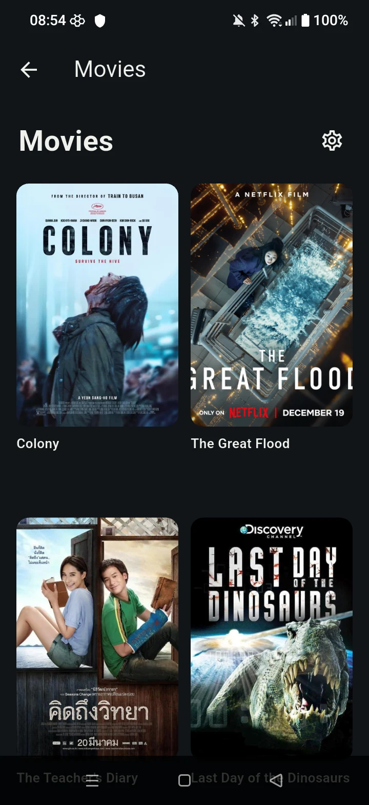 MovieBox movie catalog showing Colony, The Great Flood, and more titles.