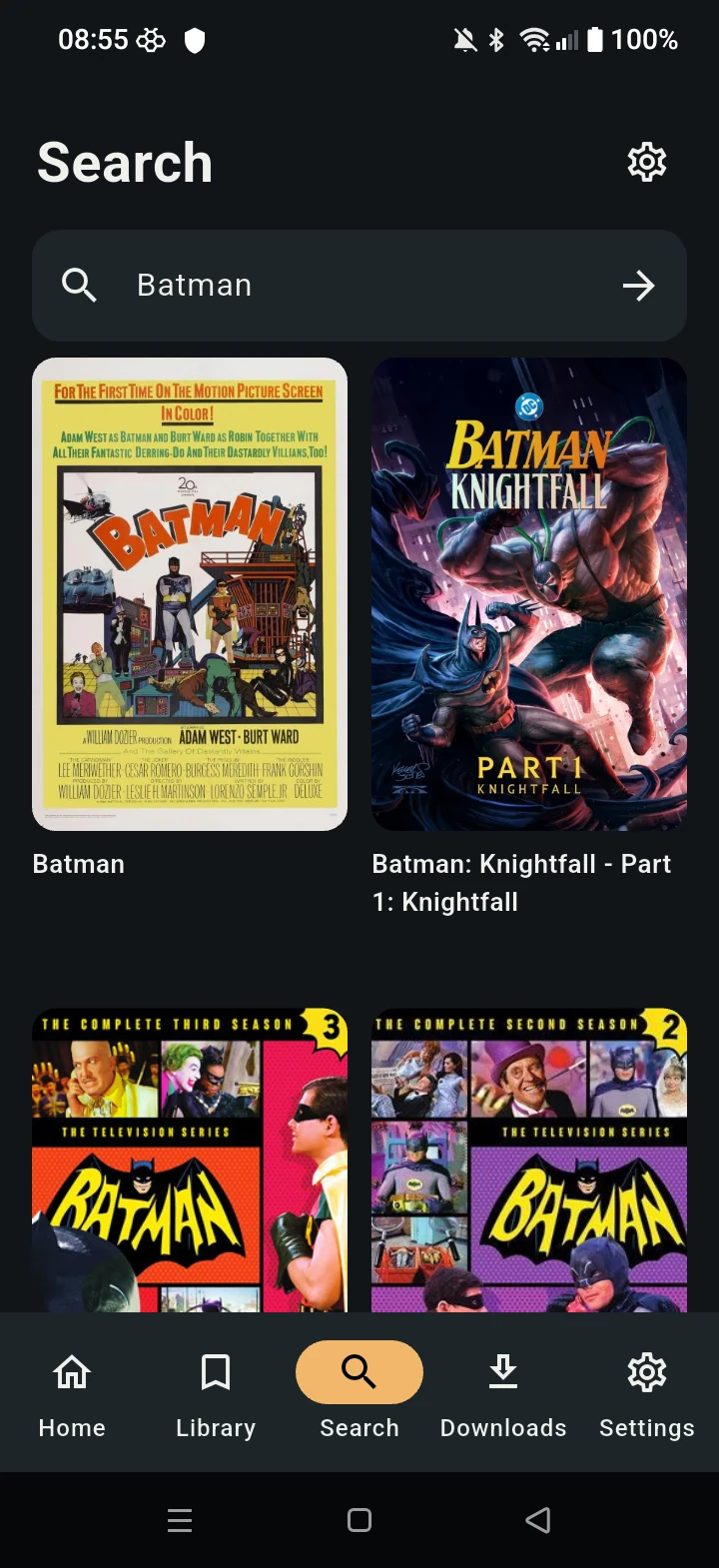 MovieBox search results for Batman with a grid of matching titles.