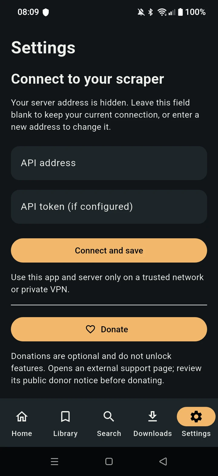 MovieBox Settings on Android, with scraper connection fields, a trusted-network notice, and an optional Donate button.